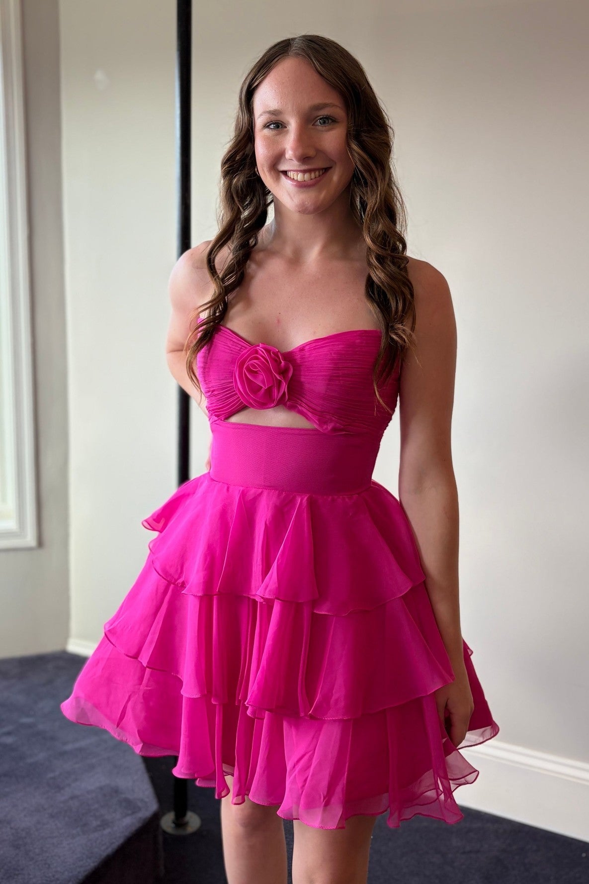Strapless Chiffon Homecoming Dress 3D Rose Cutout Waist Tiered Ruffle A-line Mini