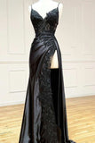 Amazing Long Black V-neck Spaghetti Straps Lace Sleeveless Prom Dress With Slit-misshow.com
