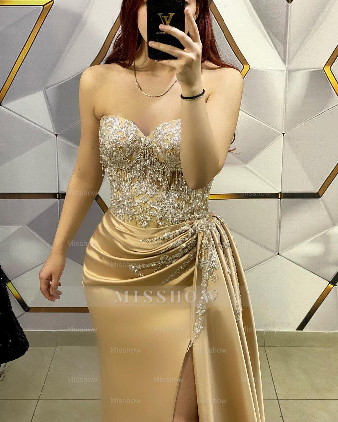Amazing Long Champagne Sleeveless Beading Lace Prom Dress With Slit misshow.com Amazing Long Champagne Sleeveless Beading Lace Prom Dress With Slit misshow.com