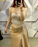 Amazing Long Champagne Sleeveless Beading Lace Prom Dress With Slit-misshow.com