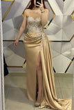 Amazing Long Champagne Sleeveless Beading Lace Prom Dress With Slit-misshow.com