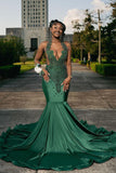 Amazing Long Dark Green Mermaid Sleeveless Beading Prom Dress With Lace