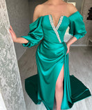 Amazing Long Green A-line Off-the-shoulder Prom Dress With Slit-misshow.com