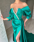 Amazing Long Green A-line Off-the-shoulder Prom Dress With Slit-misshow.com
