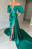 Amazing Long Green A-line Off-the-shoulder Prom Dress With Slit