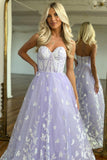 Amazing Long Lilac A-line Sweetheart Strapless Prom Dress With Lace