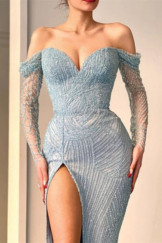Amazing Long Mermaid Off-the-shoulder Split Lace Sequined Prom Dress With Long Sleeves-misshow.com