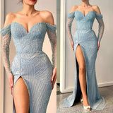 Amazing Long Mermaid Off-the-shoulder Split Lace Sequined Prom Dress With Long Sleeves-misshow.com