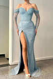 Amazing Long Mermaid Off-the-shoulder Split Lace Sequined Prom Dress With Long Sleeves-misshow.com