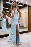 Amazing Long Mermaid V-neck Sleeveless Lace Prom Dress With Slit
