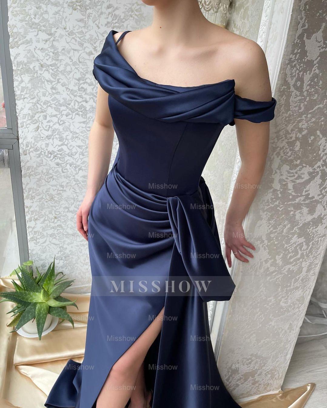 Amazing Long Navy Off-the-shoulder Mermaid Prom Dress With Slit