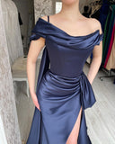 Amazing Long Navy Off-the-shoulder Mermaid Prom Dress With Slit-misshow.com