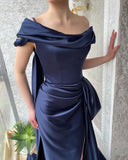 Amazing Long Navy Off-the-shoulder Mermaid Prom Dress With Slit-misshow.com