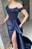 Amazing Long Navy Off-the-shoulder Mermaid Prom Dress With Slit
