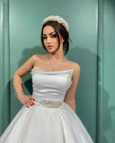 Amazing Long White A-line Strapless Wedding Dress With Pearls-misshow.com