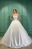 Amazing Long White A-line Strapless Wedding Dress With Pearls-misshow.com