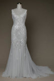 Increíbles apliques con cuello en V Sirena Vestidos de novia elegantes