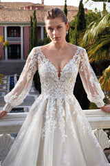 Amazing V-neck Backless Long Sleeves A-line Appliques Wedding Dress-misshow.com