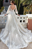 Amazing V-neck Backless Long Sleeves A-line Appliques Wedding Dress-misshow.com
