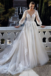 Amazing V-neck Backless Long Sleeves A-line Appliques Wedding Dress
