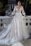 Amazing V-neck Backless Long Sleeves A-line Appliques Wedding Dress