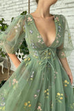 Ankle Length Green V-neck A-line Prom Dresses With Sleeves-misshow.com