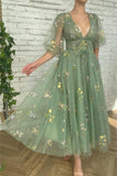 Ankle Length Green V-neck A-line Prom Dresses With Sleeves