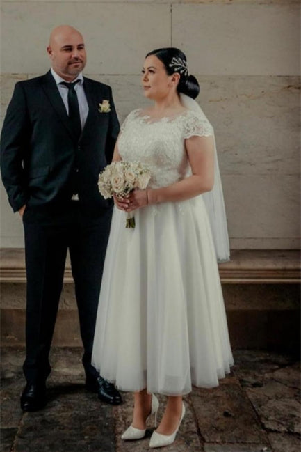 Ankle Length White Tulle Wedding Dress with Cap Sleeves-misshow.com
