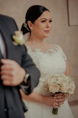 Ankle Length White Tulle Wedding Dress with Cap Sleeves-misshow.com