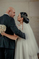 Ankle Length White Tulle Wedding Dress with Cap Sleeves-misshow.com