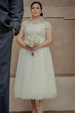 Ankle Length White Tulle Wedding Dress with Cap Sleeves
