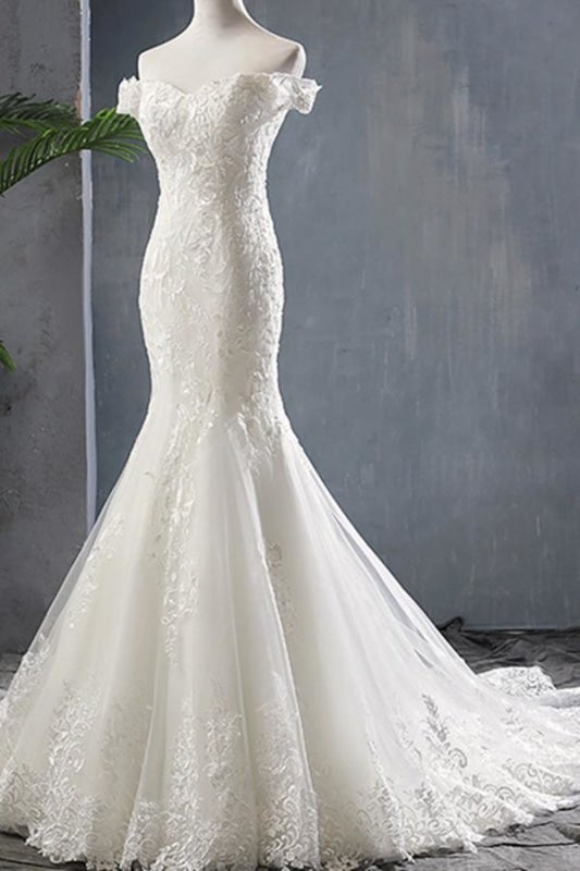 Applique Off Shoulder Lace-up Mermaid Elegant Wedding Dresses