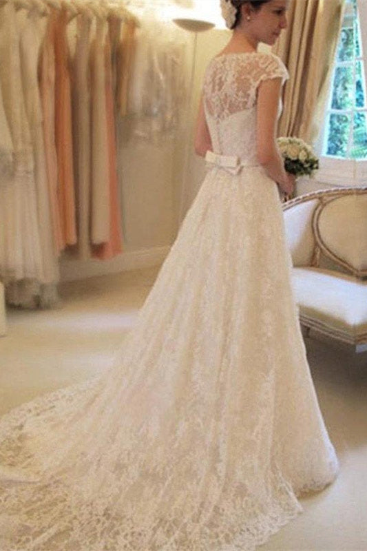 Applique Short Sleeves Square Lace Ribbon Wedding Dress-misshow.com
