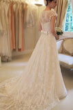 Applique Short Sleeves Square Lace Ribbon Wedding Dress-misshow.com