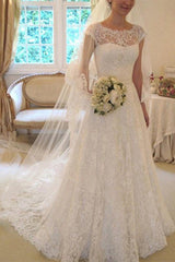 Applique Short Sleeves Square Lace Ribbon Wedding Dress-misshow.com