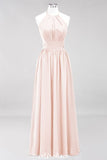 MISSHOW offers Appliques Halter Sleeveless Floor-Length Bridesmaid Dresses with Ruffles A-line Chiffon Evening Maxi Dress at a good price from 100D Chiffon to A-line Floor-length them. Lightweight yet affordable home,beach,swimming useBridesmaid Dresses.