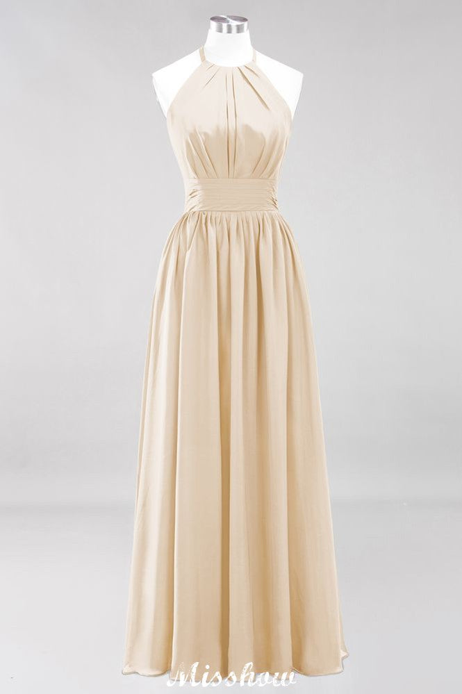 Appliques Halter Sleeveless Floor-Length Bridesmaid Dresses with Ruffles A-line Chiffon Evening Maxi Dress | MISSHOW Appliques Halter Sleeveless Floor-Length Bridesmaid Dresses with Ruffles A-line Chiffon Evening Maxi Dress | MISSHOW