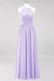 MISSHOW offers Appliques Halter Sleeveless Floor-Length Bridesmaid Dresses with Ruffles A-line Chiffon Evening Maxi Dress at a good price from 100D Chiffon to A-line Floor-length them. Lightweight yet affordable home,beach,swimming useBridesmaid Dresses.