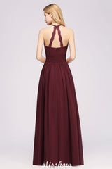 MISSHOW offers Appliques Halter Sleeveless Floor-Length Bridesmaid Dresses with Ruffles A-line Chiffon Evening Maxi Dress at a good price from 100D Chiffon to A-line Floor-length them. Lightweight yet affordable home,beach,swimming useBridesmaid Dresses.