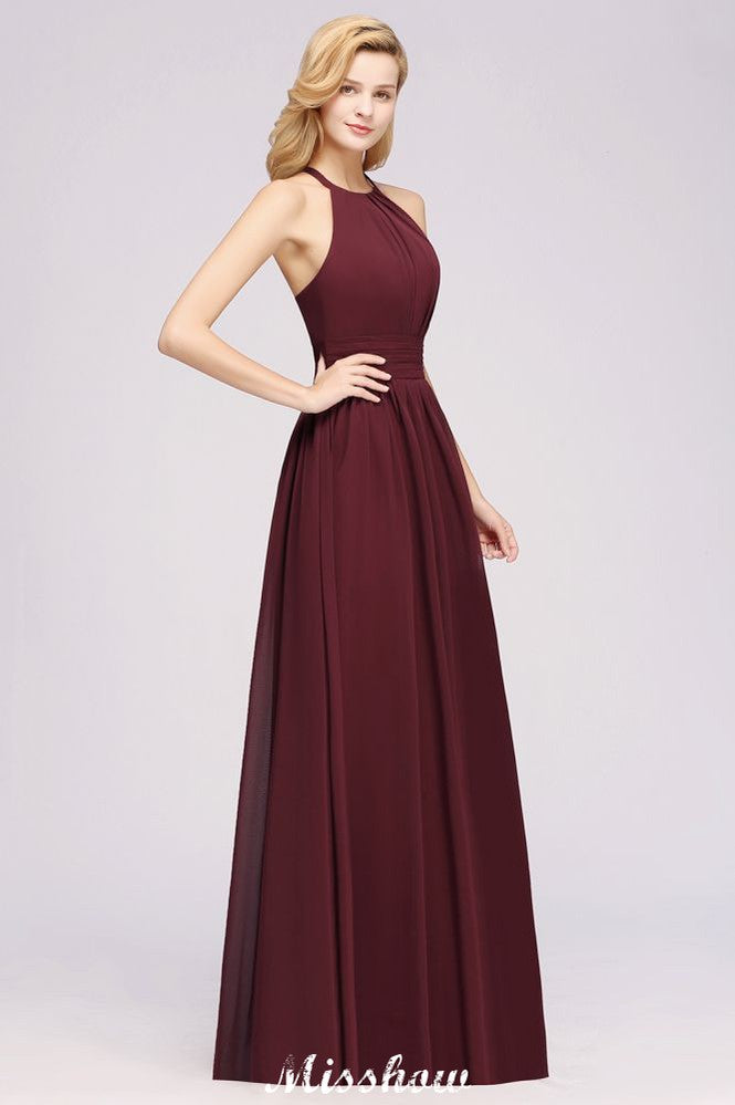 Appliques Halter Sleeveless Floor-Length Bridesmaid Dresses with Ruffles A-line Chiffon Evening Maxi Dress | MISSHOW Appliques Halter Sleeveless Floor-Length Bridesmaid Dresses with Ruffles A-line Chiffon Evening Maxi Dress | MISSHOW