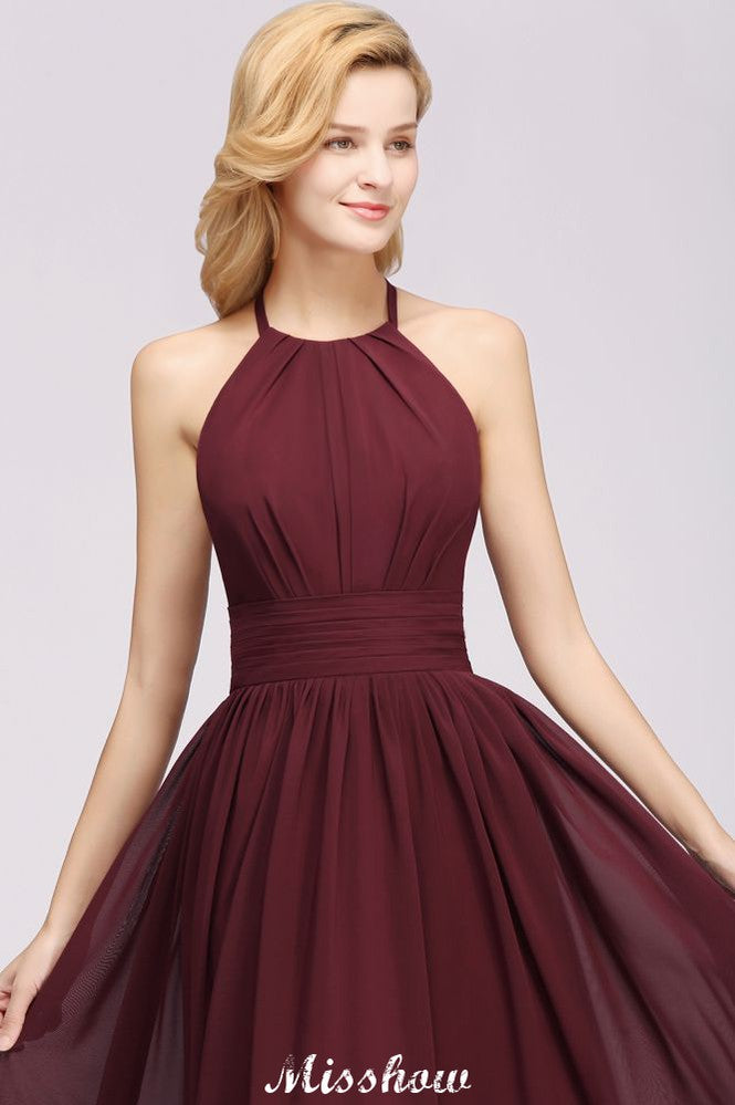 MISSHOW offers Appliques Halter Sleeveless Floor-Length Bridesmaid Dresses with Ruffles A-line Chiffon Evening Maxi Dress at a good price from 100D Chiffon to A-line Floor-length them. Lightweight yet affordable home,beach,swimming useBridesmaid Dresses.