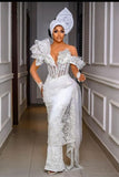 Asymmetric Mermaid Lace Prom Dress Luxury Beadings Slim Evening Party Dress-misshow.com