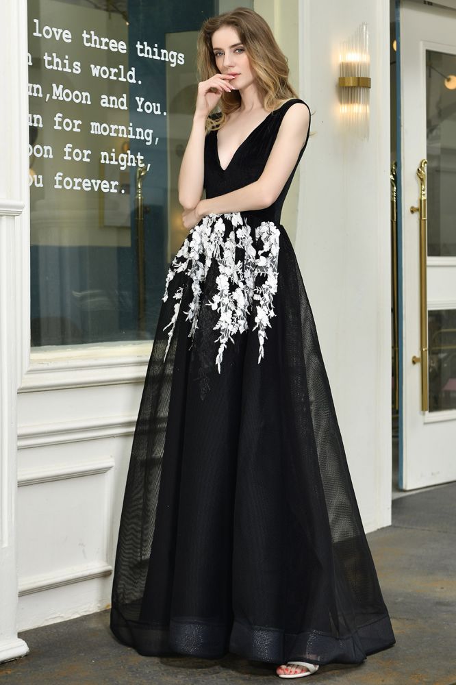 MISSHOW offers Attractive Black V-neck Aline Prom Dress White Floral Appliques Tulle Party Dress at a good price from Black,Velvet to A-line Floor-length them. Stunning yet affordable Sleeveless Prom Dresses,Evening Dresses,Homecoming Dresses,Quinceanera dresses.
