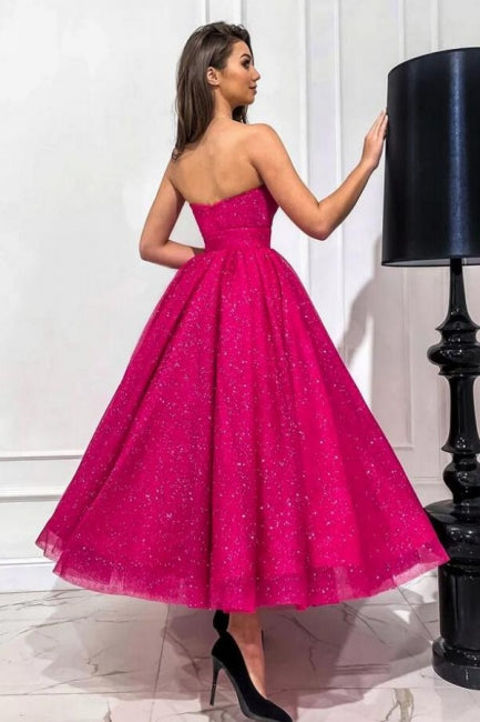 Attractive Fuchsia A-line Sweetheart Strapless Sequined Prom Evening Dresses