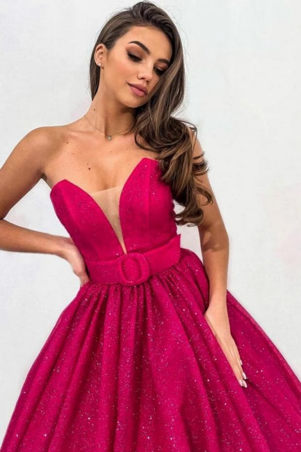 Attractive Fuchsia A-line Sweetheart Strapless Sequined Prom Evening Dresses