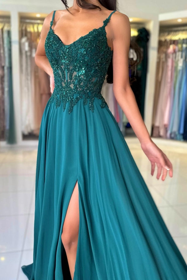 Attractive Long Green A-line Spaghetti Straps Lace Prom Evening Dresses with Slit