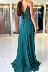 Attractive Long Green A-line Spaghetti Straps Lace Prom Evening Dresses with Slit