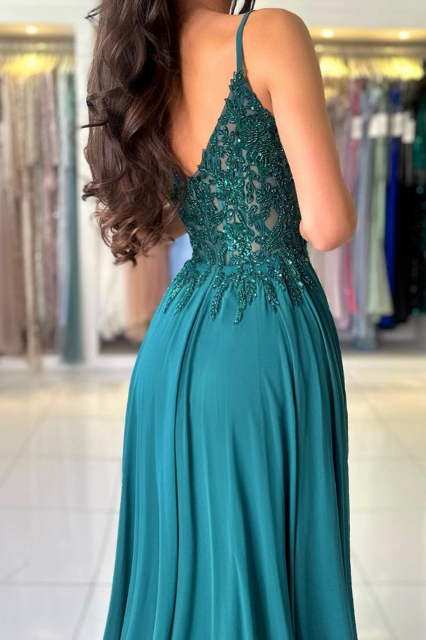 Attractive Long Green A-line Spaghetti Straps Lace Prom Evening Dresses with Slit