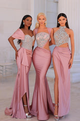 Attractive Long Pink Mermaid Off-the-shoulder Lace Beading Prom Evening Dresses with Slit