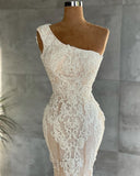 Attractive One Shoulder Appliques Lace Floor-length Mermaid Wedding Dress-misshow.com